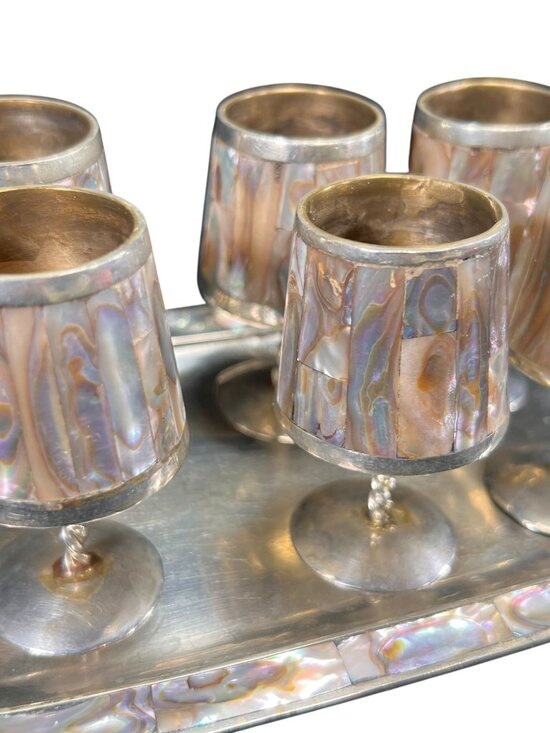 Vtg Mexico Alpaca Silver Inlaid Abalone Shell Six Cordial Shot Glasses and Tray - Picture 1 of 16